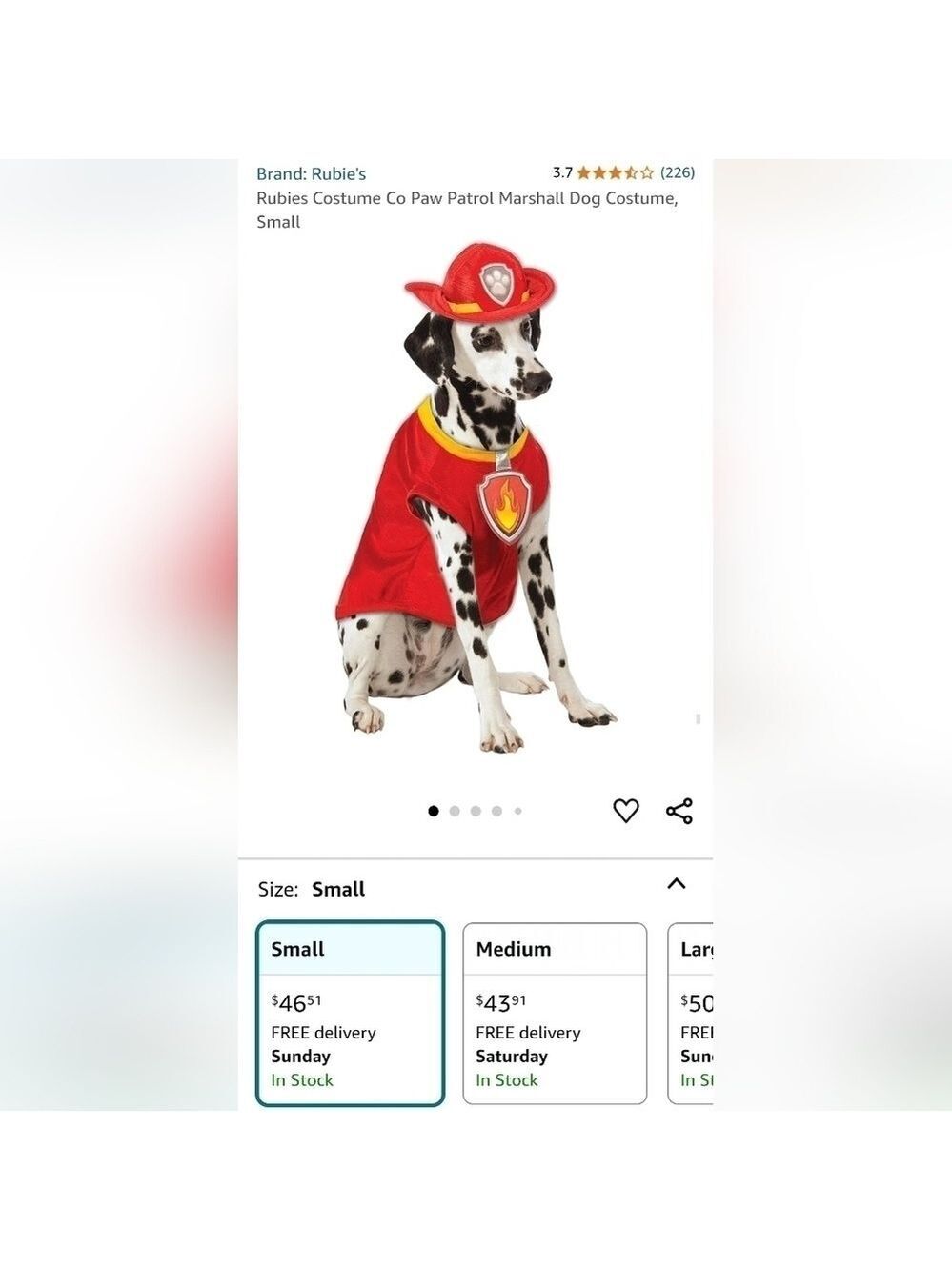 NWT Paw Patrol Marshall The Fire Dog Pet Costume, Size Small